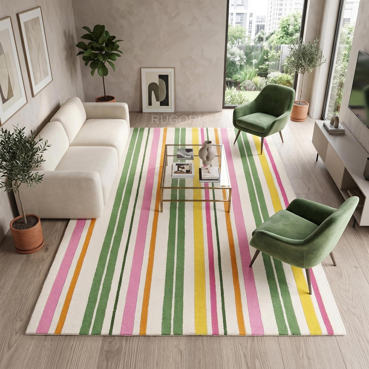 Handmade Wool Rug with Colorful Vertical Stripes Soft Hand Tufted Carpet