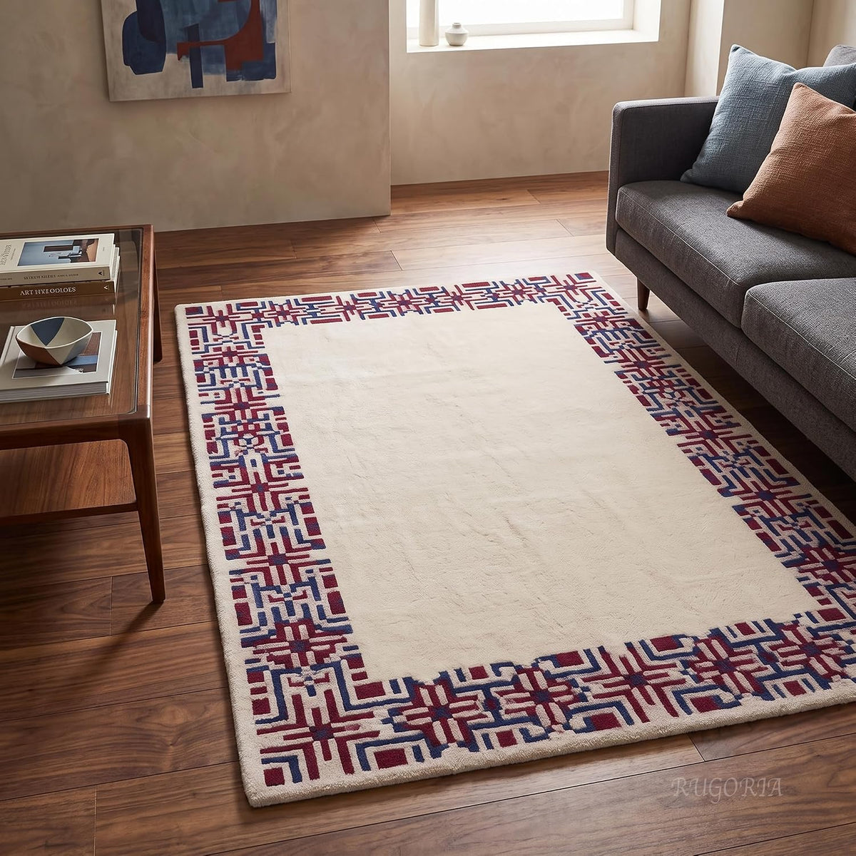 Hand-Tufted Wool Area Rug, Geometric Border,