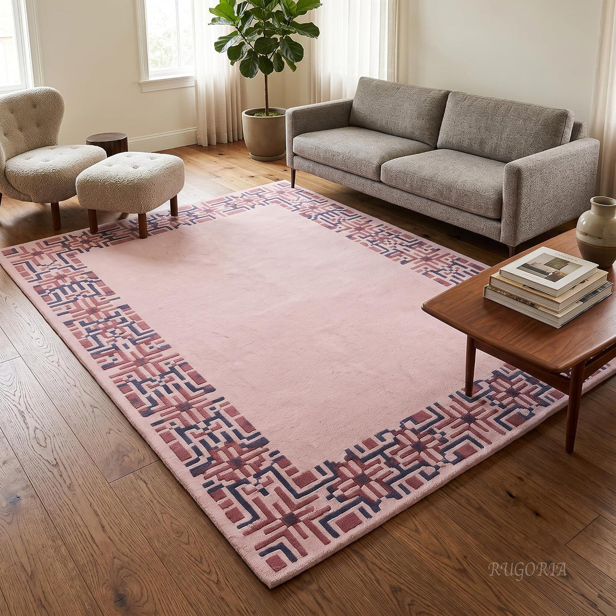 Hand-Tufted Wool Area Rug, Geometric Border,