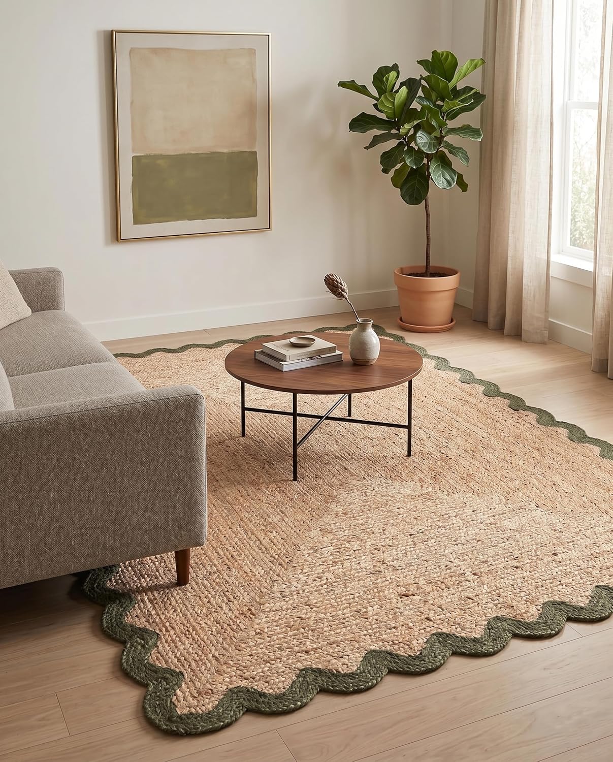 Handwoven Jute Rug with Scalloped Border, Natural Fiber Indoor Rug