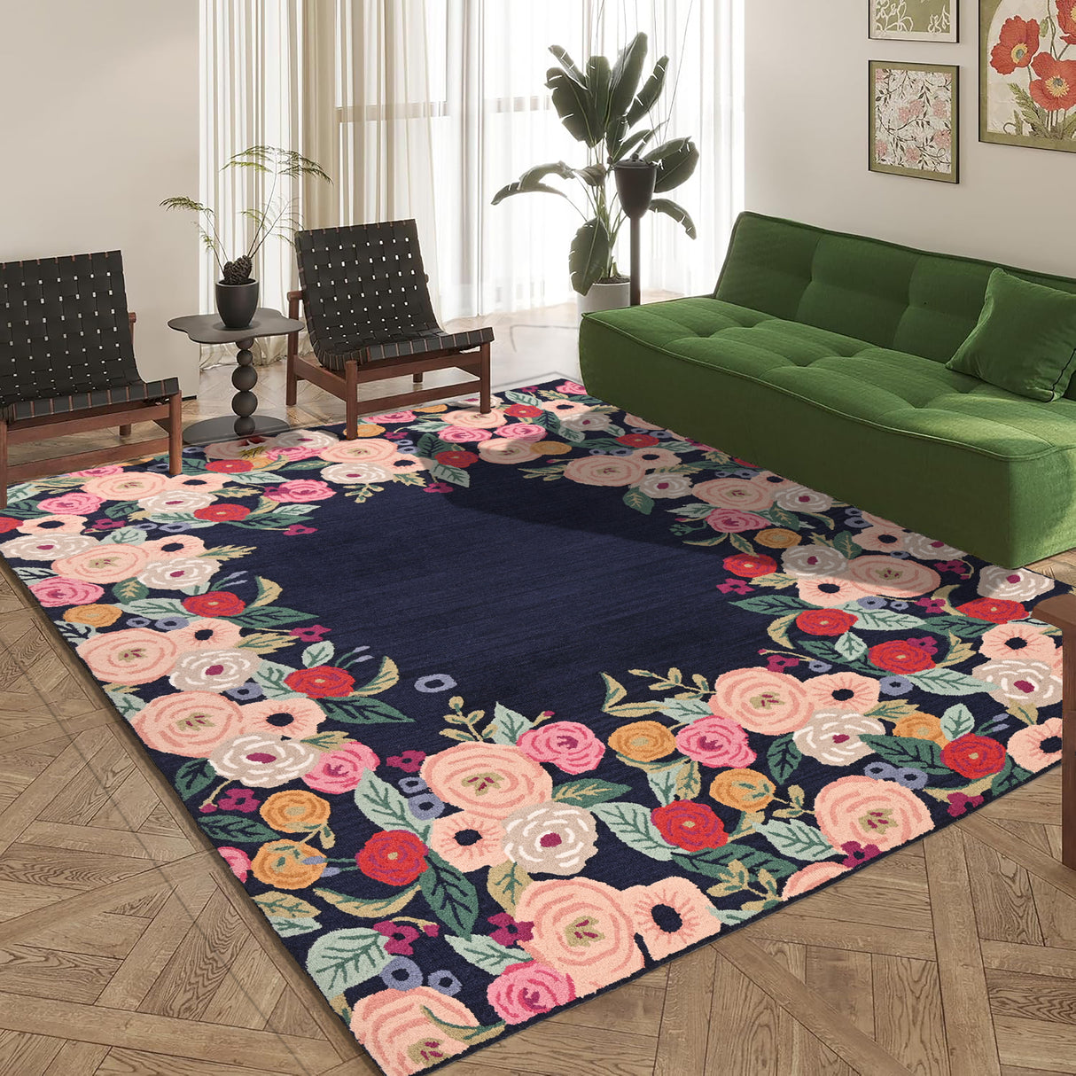 Hand-Tufted Wool Area Rug with Plush Thick Pile and Vibrant Floral Border Design - Decorative Navy Center Carpet for Living Room, Bedroom, or Office Decor