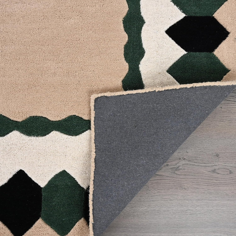 Hand-Tufted Wool Rug – Geometric Border Design in Black, Green & Beige