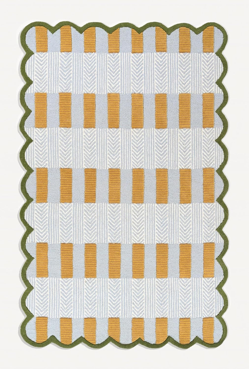 Handmade Scalloped Wool Area Rug - Modern Geometric Pattern & Green-Beige Stripes