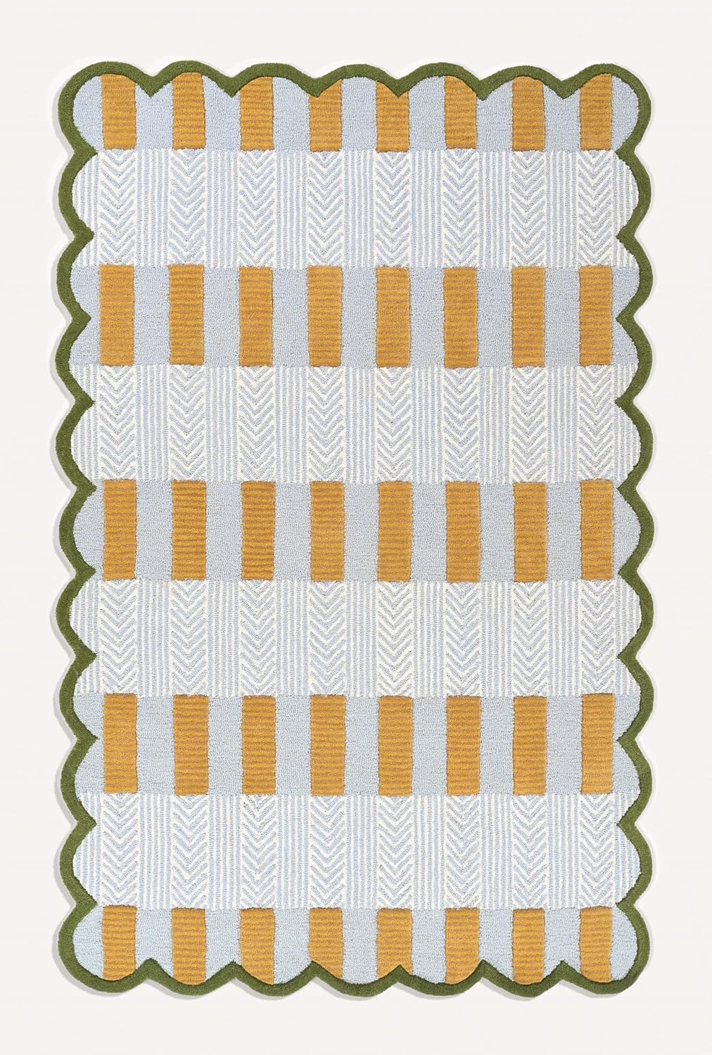 Handmade Scalloped Wool Area Rug - Modern Geometric Pattern & Green-Beige Stripes