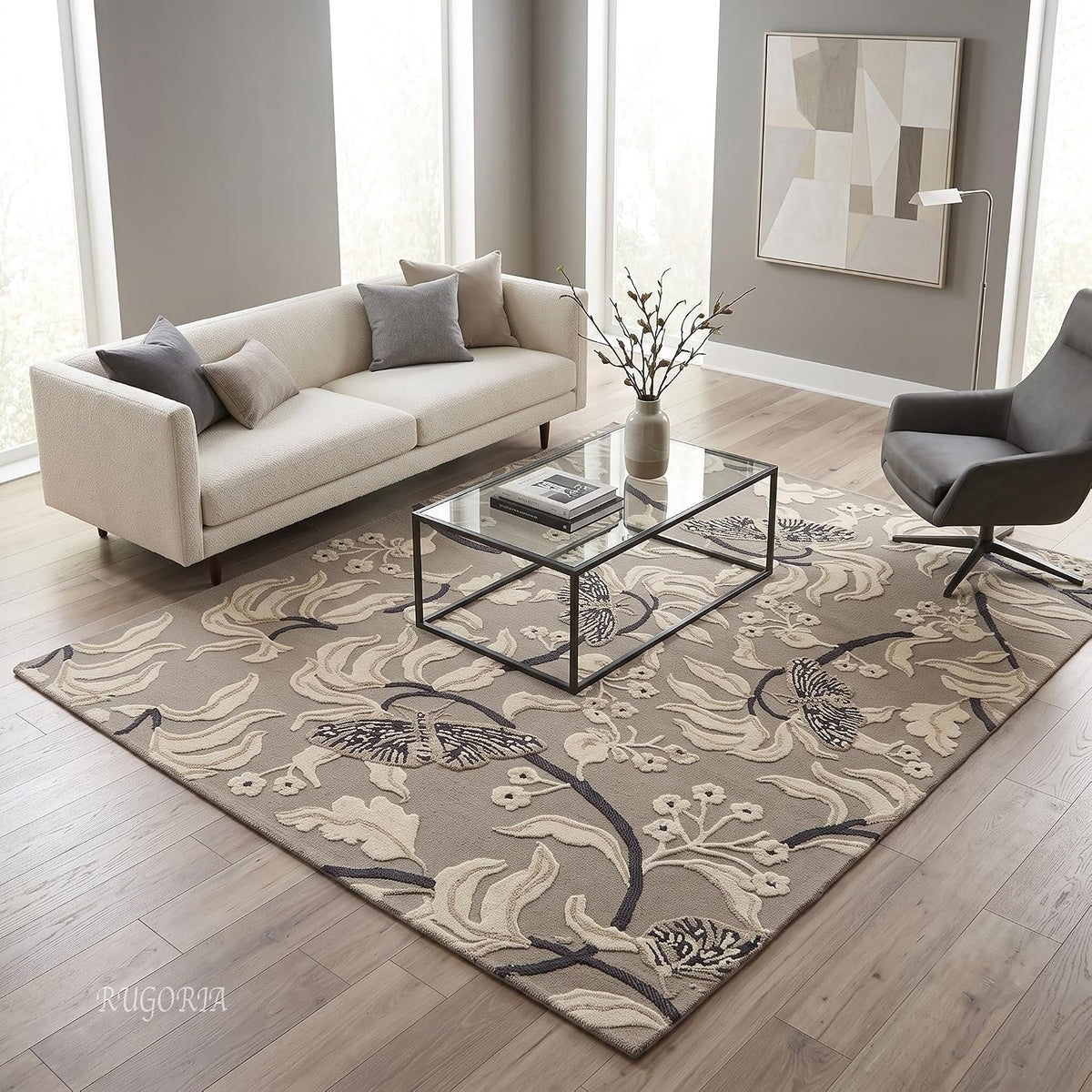 Hand Tufted Wool Rug, Floral Butterfly Botanical Pattern