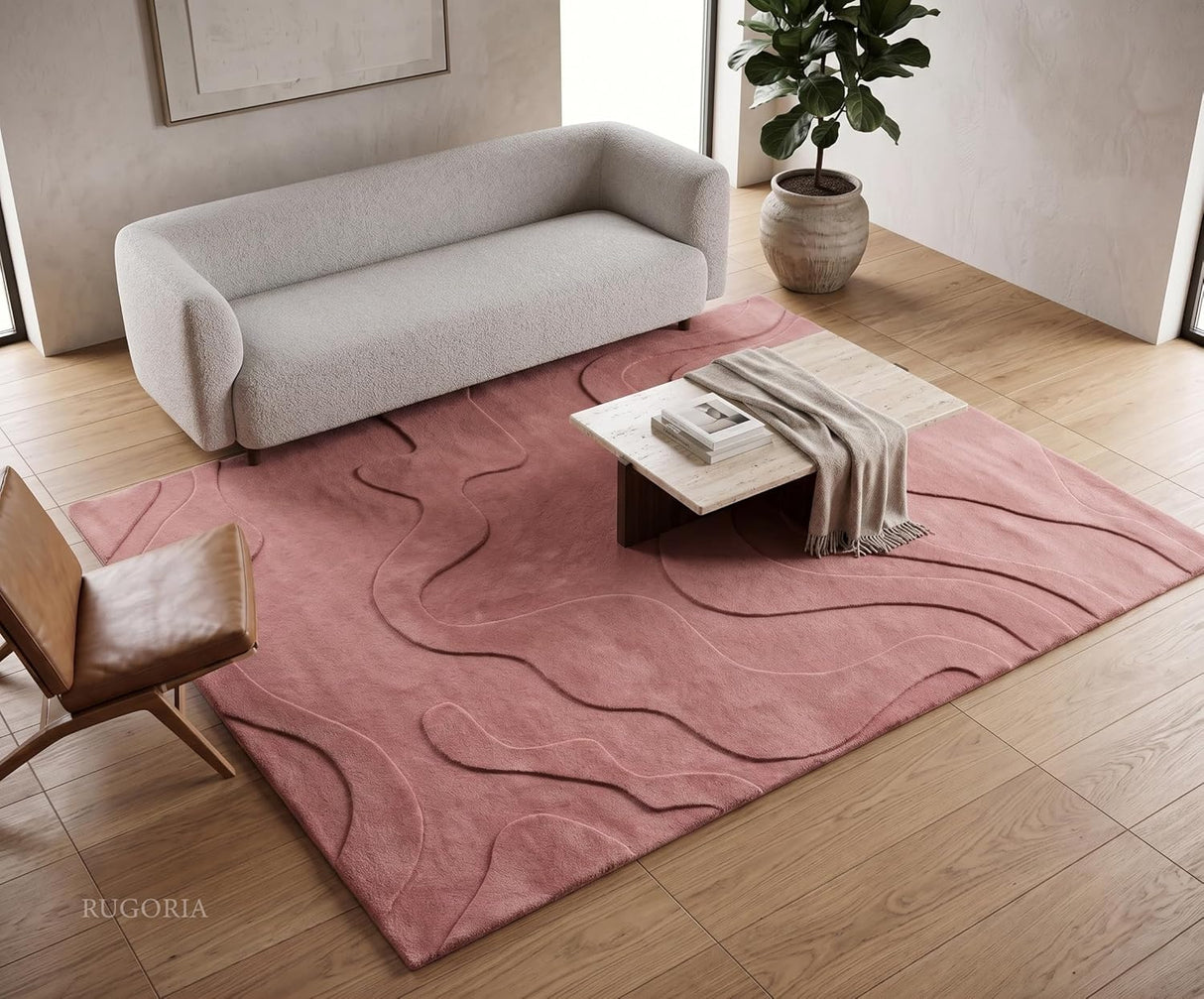 Modern Abstract Hand-Tufted Wool Area Rug Carved High-Low Pattern