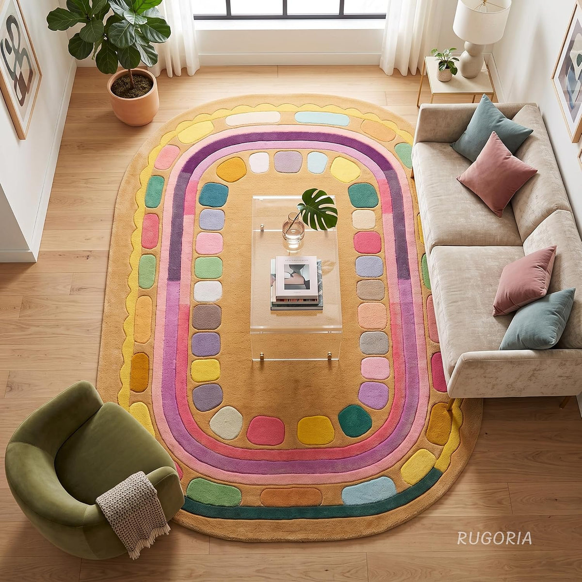 Hand Tufted Wool Rug, Rounded Rectangle Geometric Border Design,