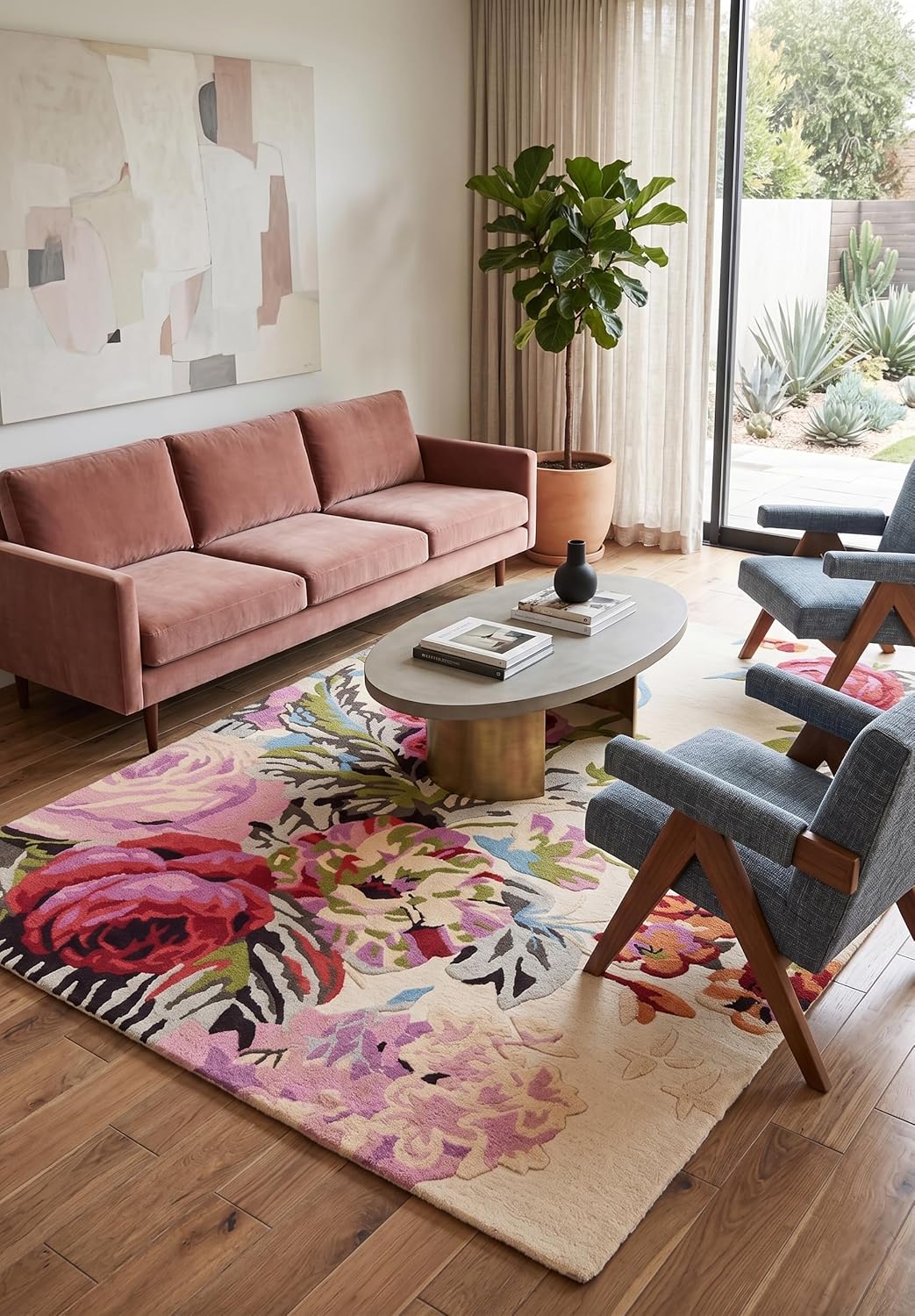 Modern Rose Floral Wool Rug | Colorful Garden Flower Design Carpet