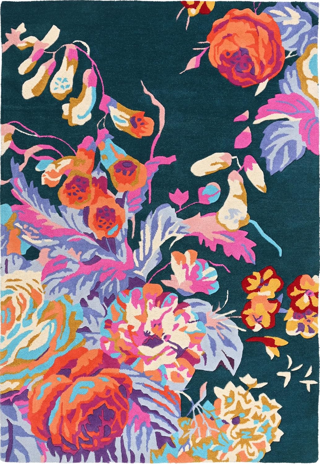 Modern Rose Floral Wool Rug | Colorful Garden Flower Design Carpet