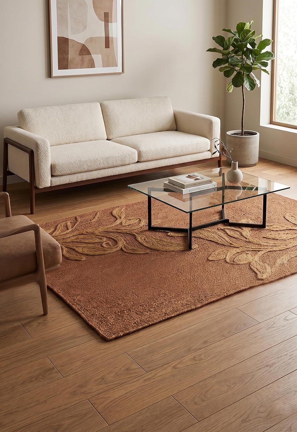 Handwoven Jute Rug with Textured Floral Border Design, Natural Fiber Rug