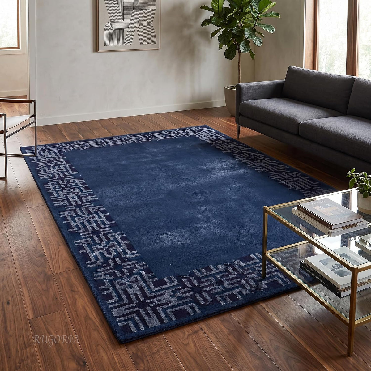 Hand-Tufted Wool Area Rug, Geometric Border,