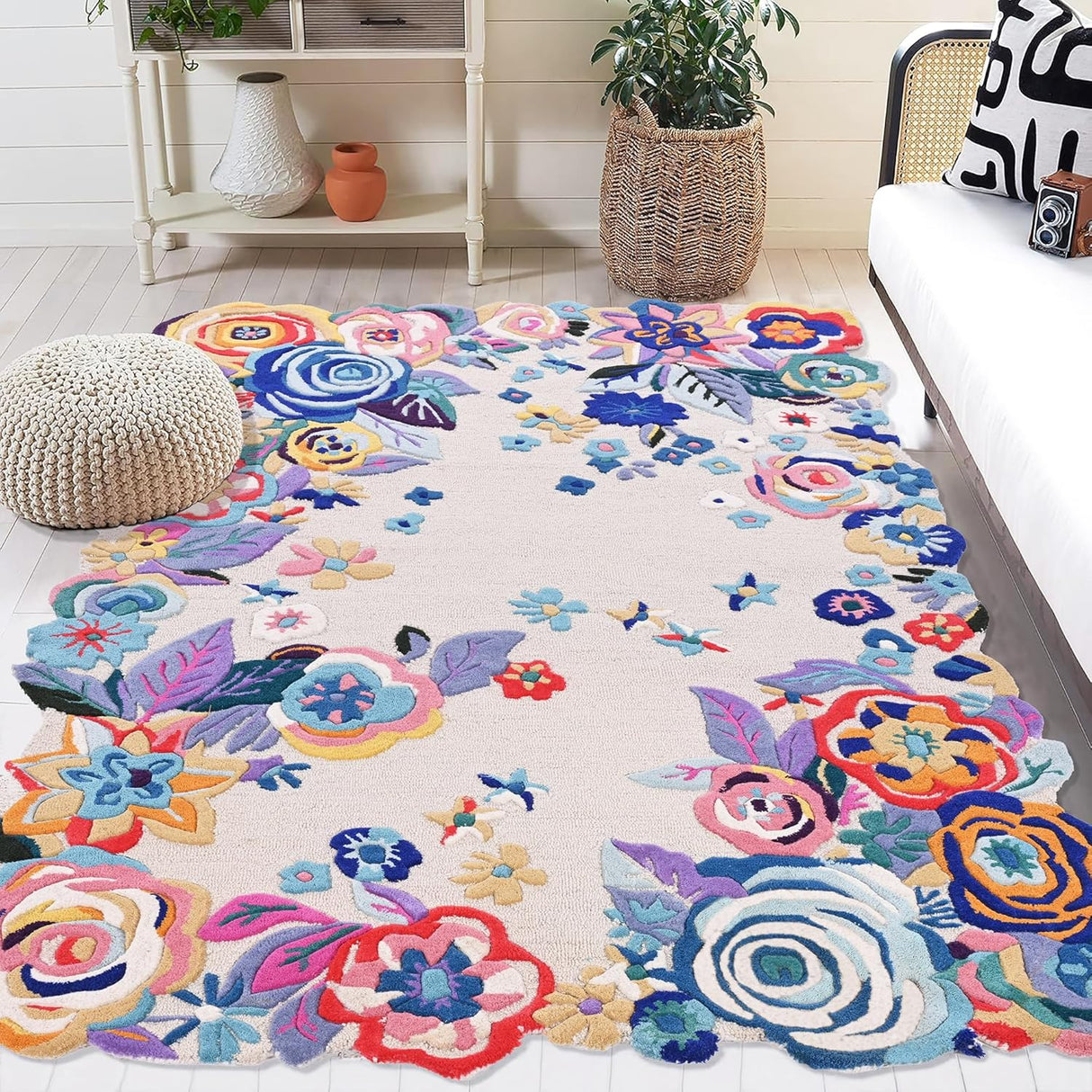 Handmade Colorful Roses Floral Wool Area Rug