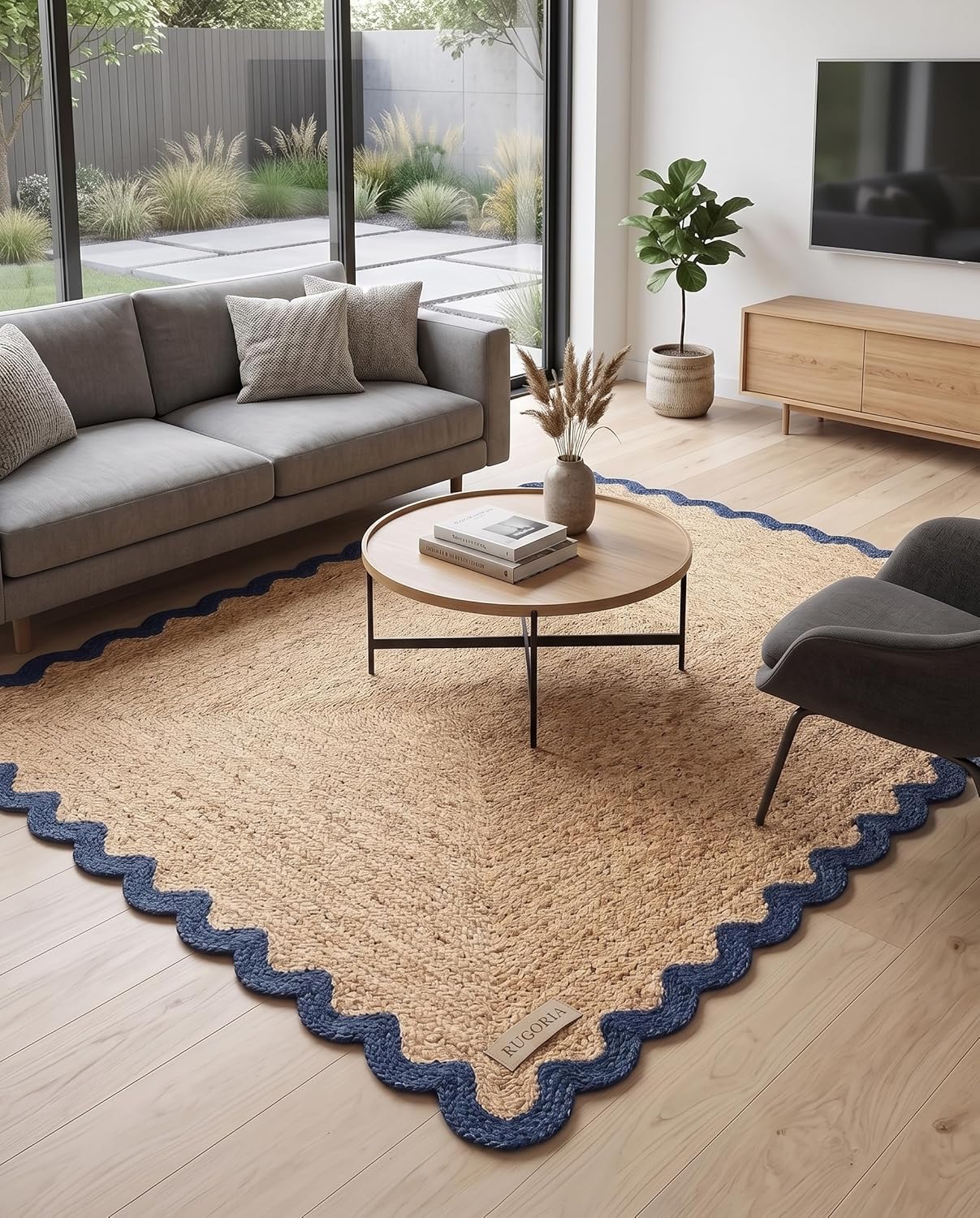 Handwoven Jute Rug with Scalloped Border, Natural Fiber Indoor Rug