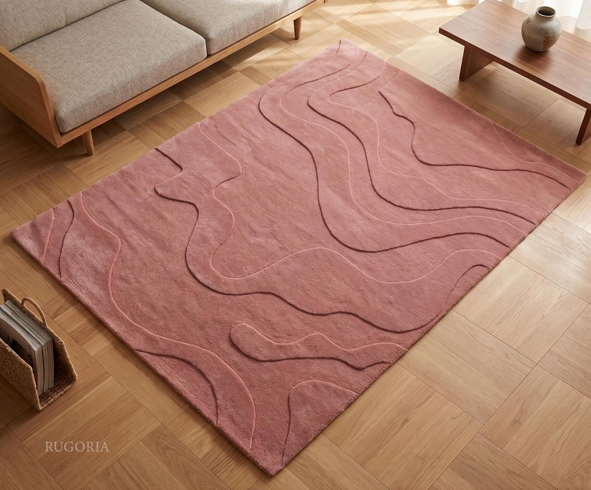 Modern Abstract Hand-Tufted Wool Area Rug Carved High-Low Pattern