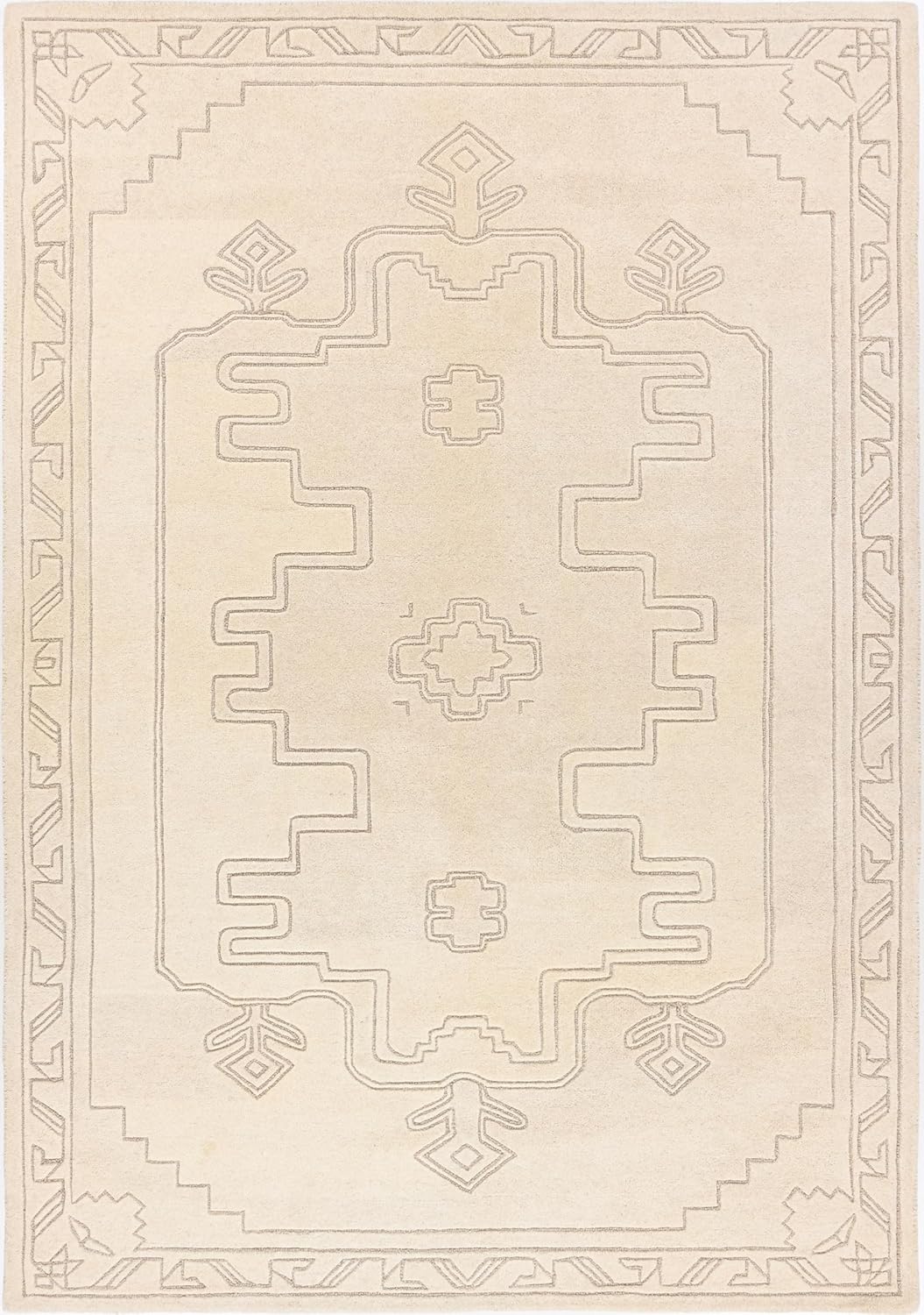 Handmade Wool Area Rug - Beige Tribal Geometric Pattern | Large, Soft & Plush Hand-Tufted Carpet | Modern Boho Neutral Living Room, Bedroom, Dining Room & Office Décor