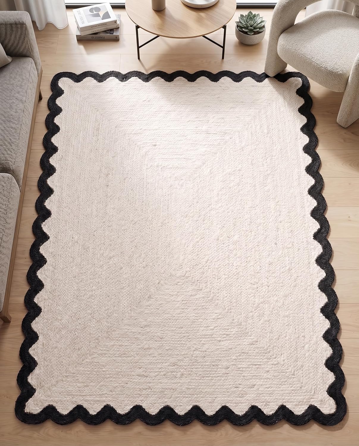 Handwoven Jute Rug with Scalloped Border, Natural Fiber Indoor Rug