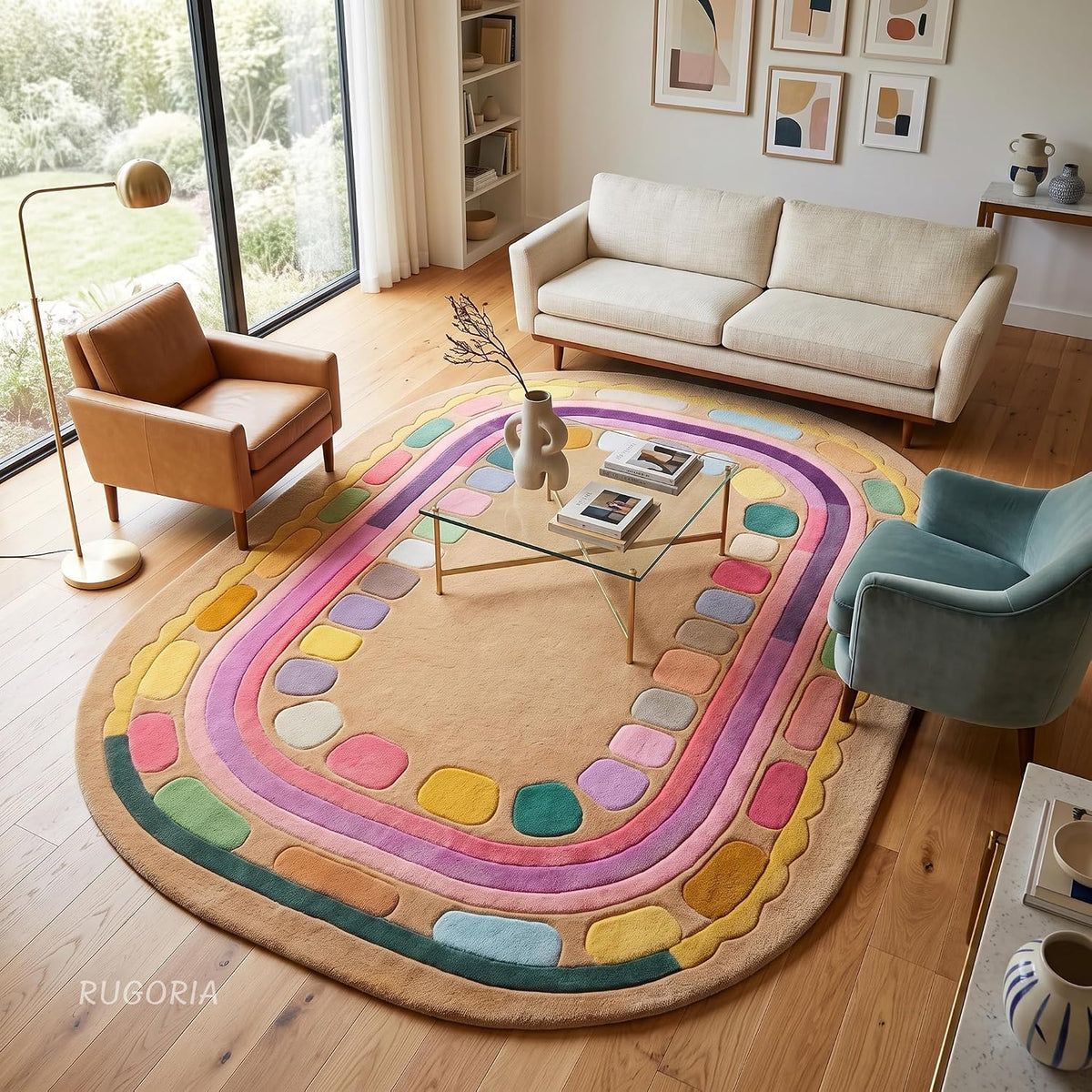 Hand Tufted Wool Rug, Rounded Rectangle Geometric Border Design,