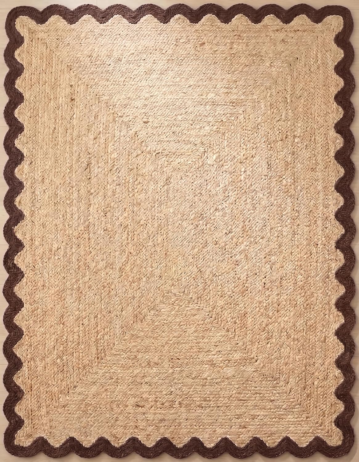 Handwoven Jute Rug with Scalloped Border, Natural Fiber Indoor Rug