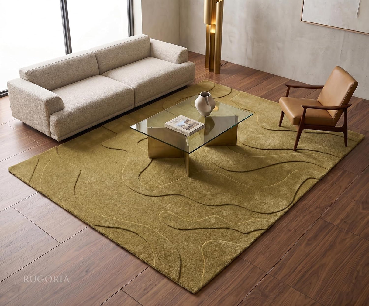 Modern Abstract Hand-Tufted Wool Area Rug Carved High-Low Pattern