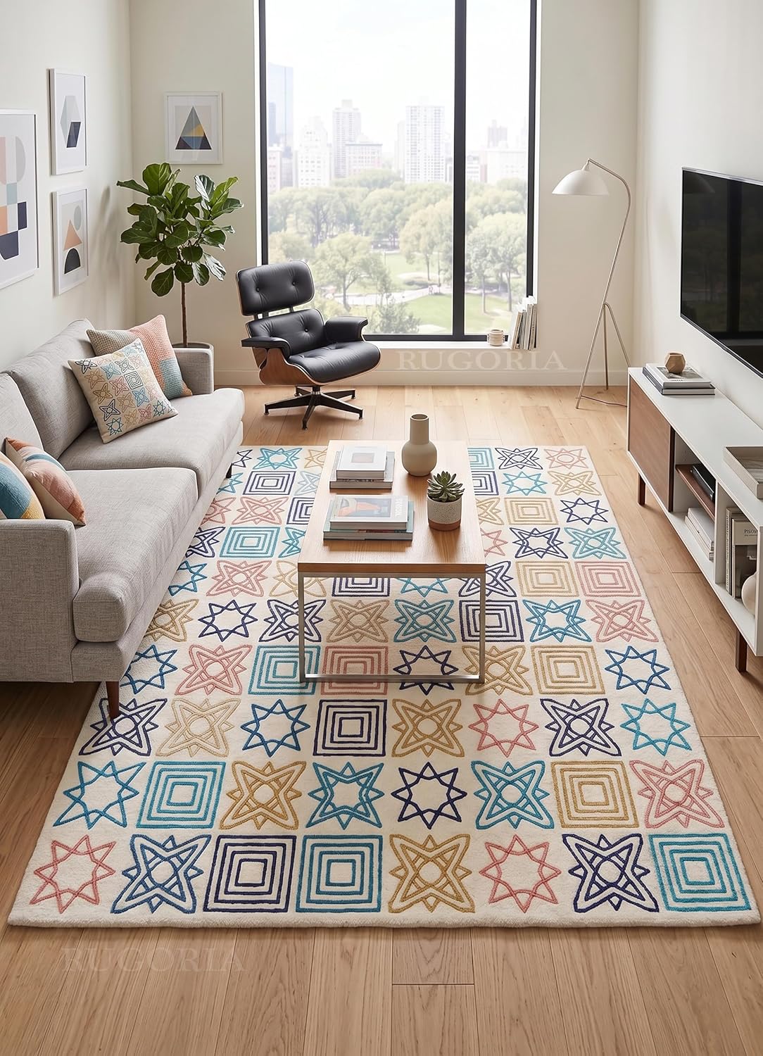Modern Handmade Wool Rug, Colorful Geometric Star & Square Pattern