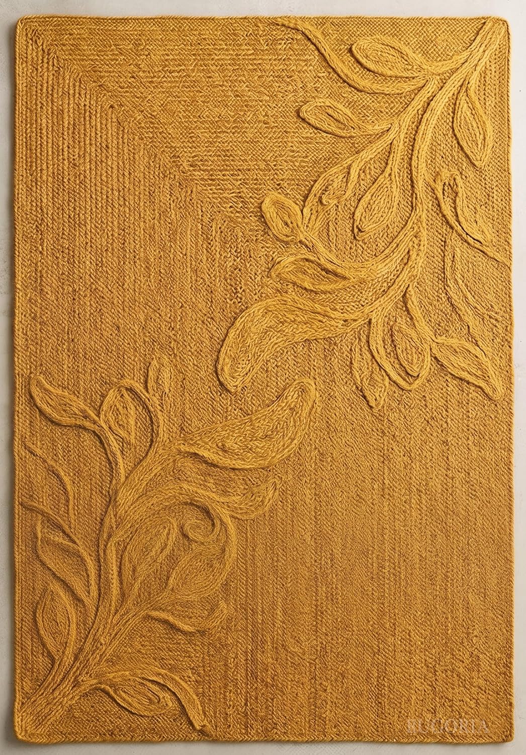 Handwoven Jute Rug with Textured Floral Border Design, Natural Fiber Rug