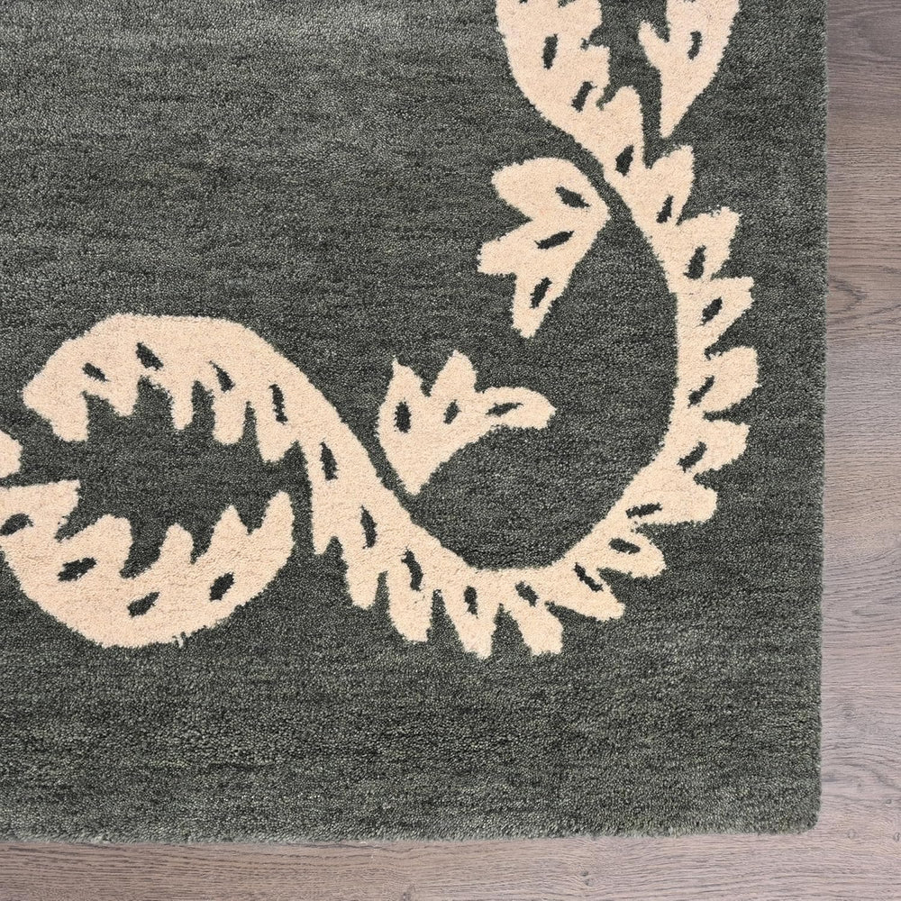 Hand-Tufted Wool Rug - Intricate White Vine Border Carpet
