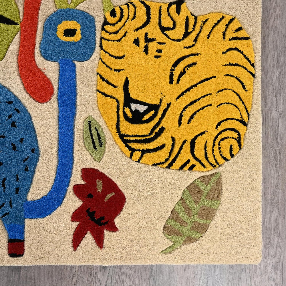 Handmade Artistic Animal Wool Area Rug – Colorful Kids’ Room & Nursery Carpet – Soft Plush Tufted Jungle Theme Rugs