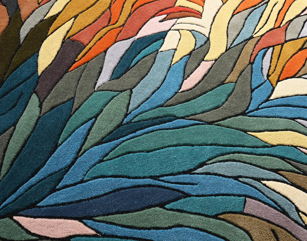 Abstract colorful rug with flowing, stained-glass patterns.