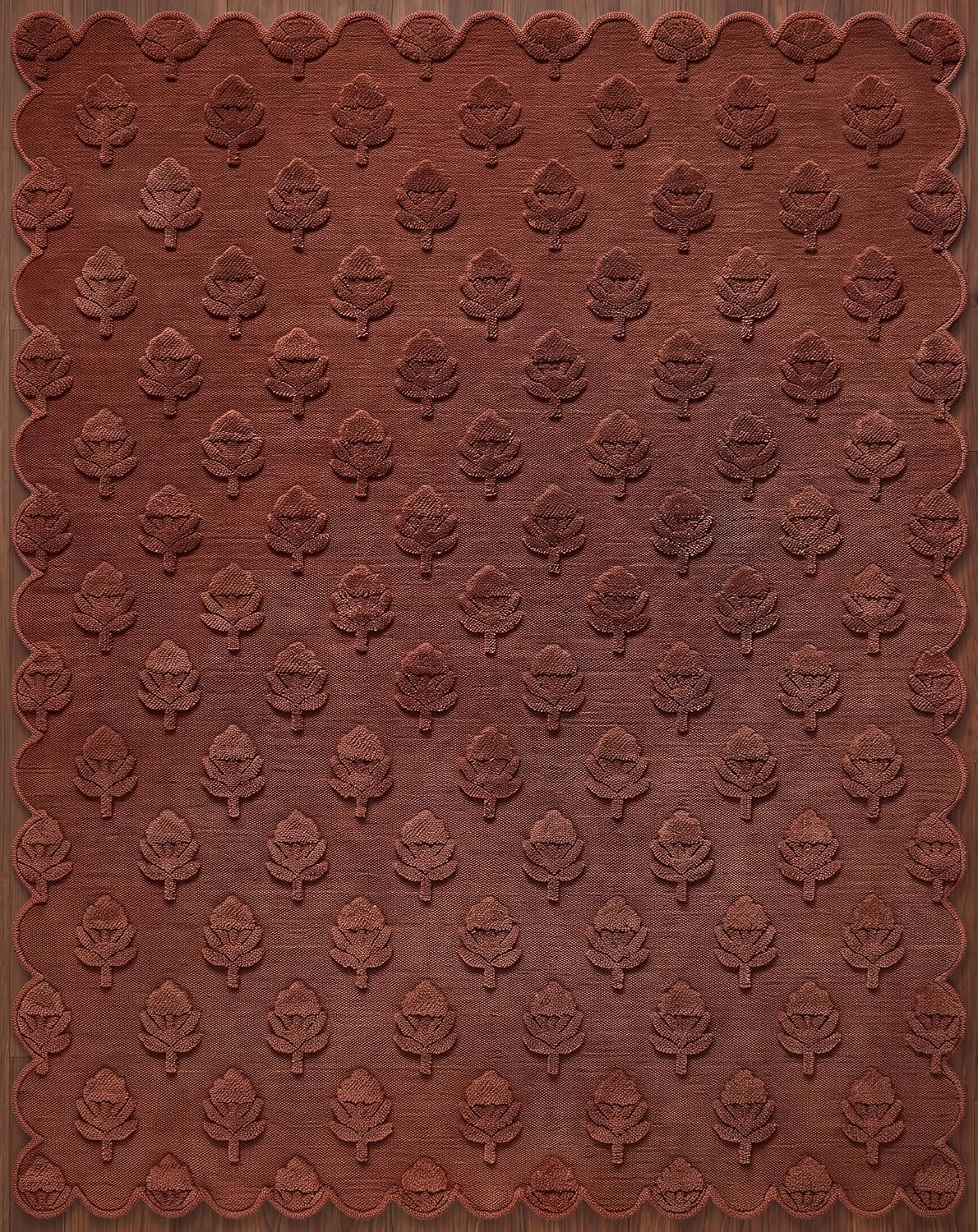 Hand Tufted Wool Rug, Floral Botanical Pattern with Scalloped
