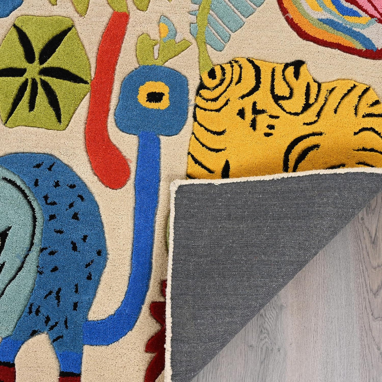 Handmade Artistic Animal Wool Area Rug – Colorful Kids’ Room & Nursery Carpet – Soft Plush Tufted Jungle Theme Rugs
