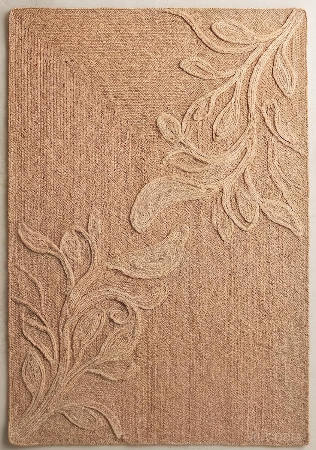 Handwoven Jute Rug with Textured Floral Border Design, Natural Fiber Rug
