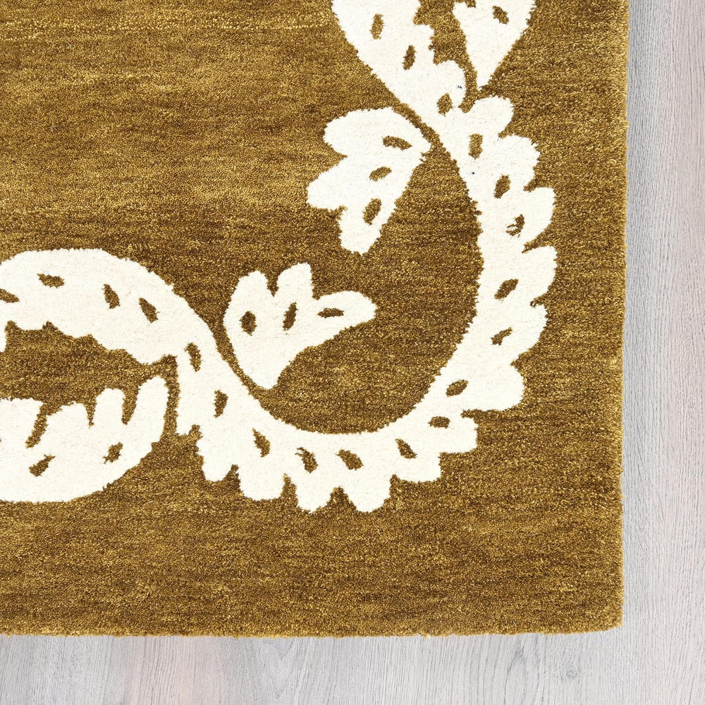 Hand-Tufted Wool Rug - Intricate White Vine Border Carpet