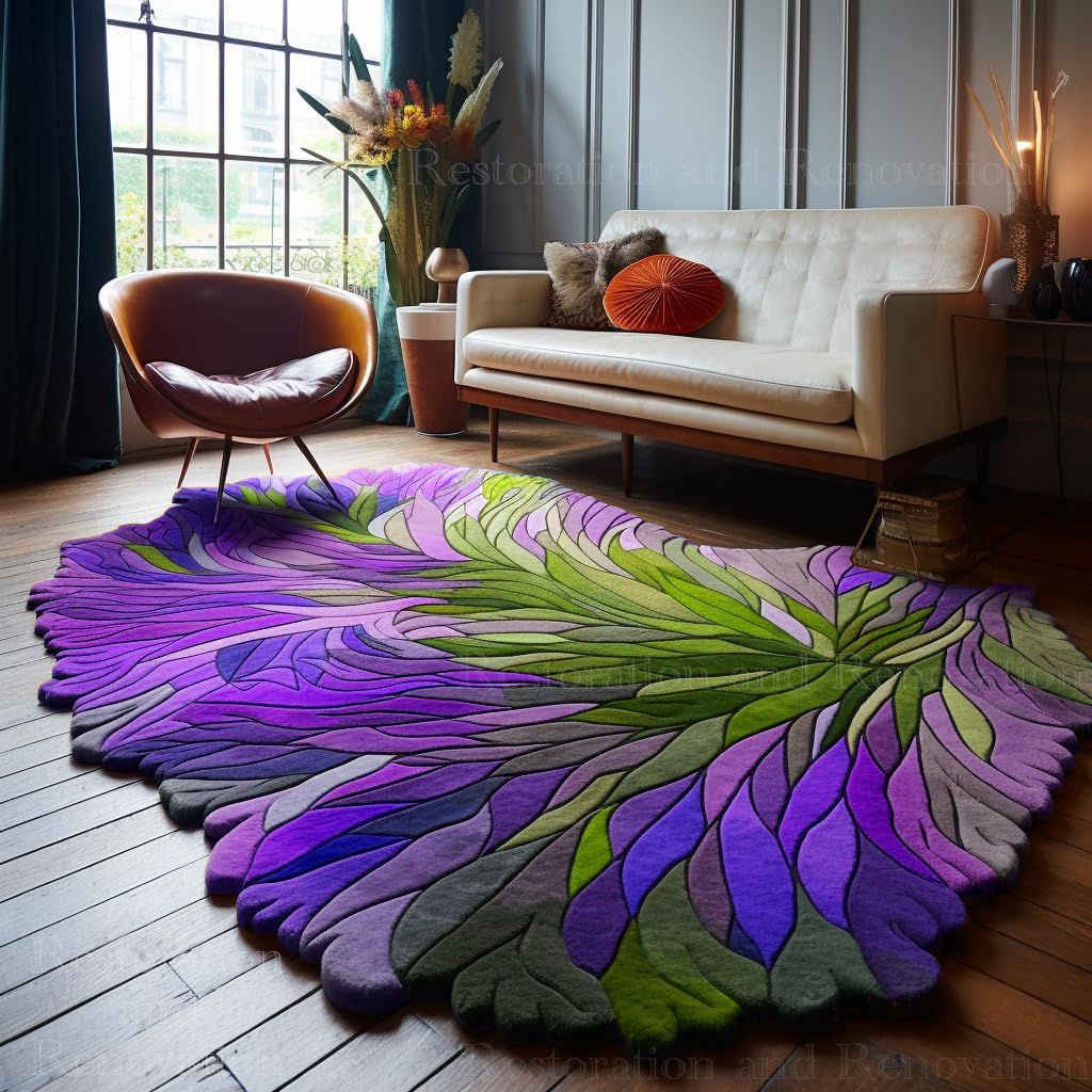 Handmade Irregular Shape Wool Area Rug - Unique Botanical Design Carpet