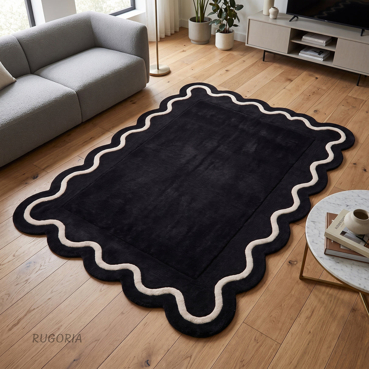 Modern Hand Tufted Wool Rug | Handmade Scalloped Border Carpet