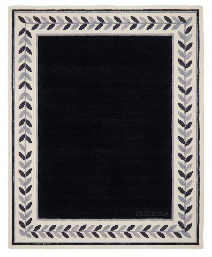 Modern Hand Tufted Wool Rug, Botanical Leaf Border Design