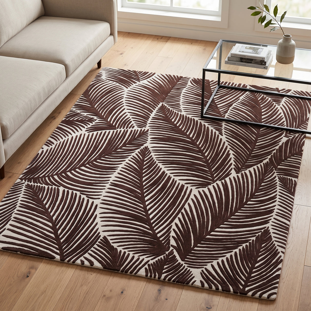 Hand Tufted Wool Area Rug, Tropical Palm Leaf Botanical Design