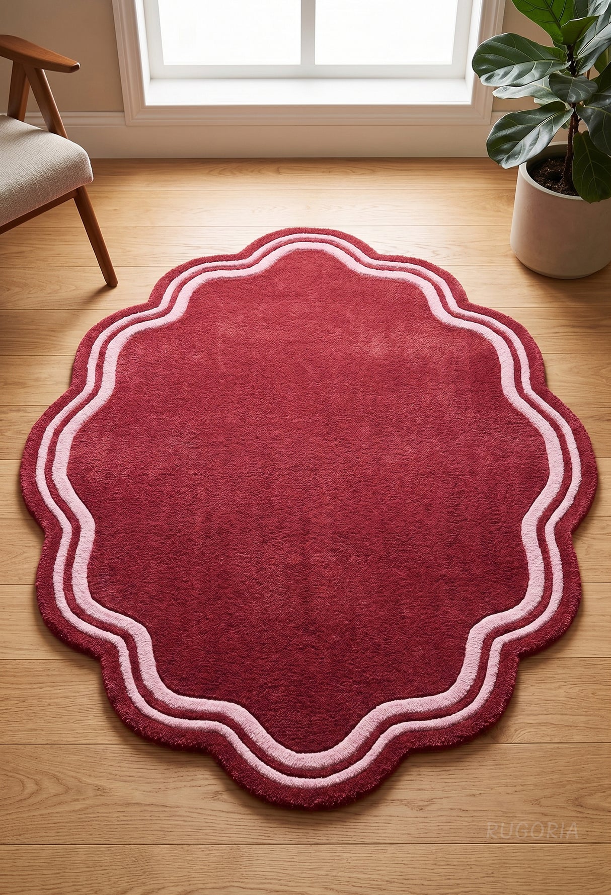 Modern Hand Tufted Wool Area Rug, Scalloped Border Design