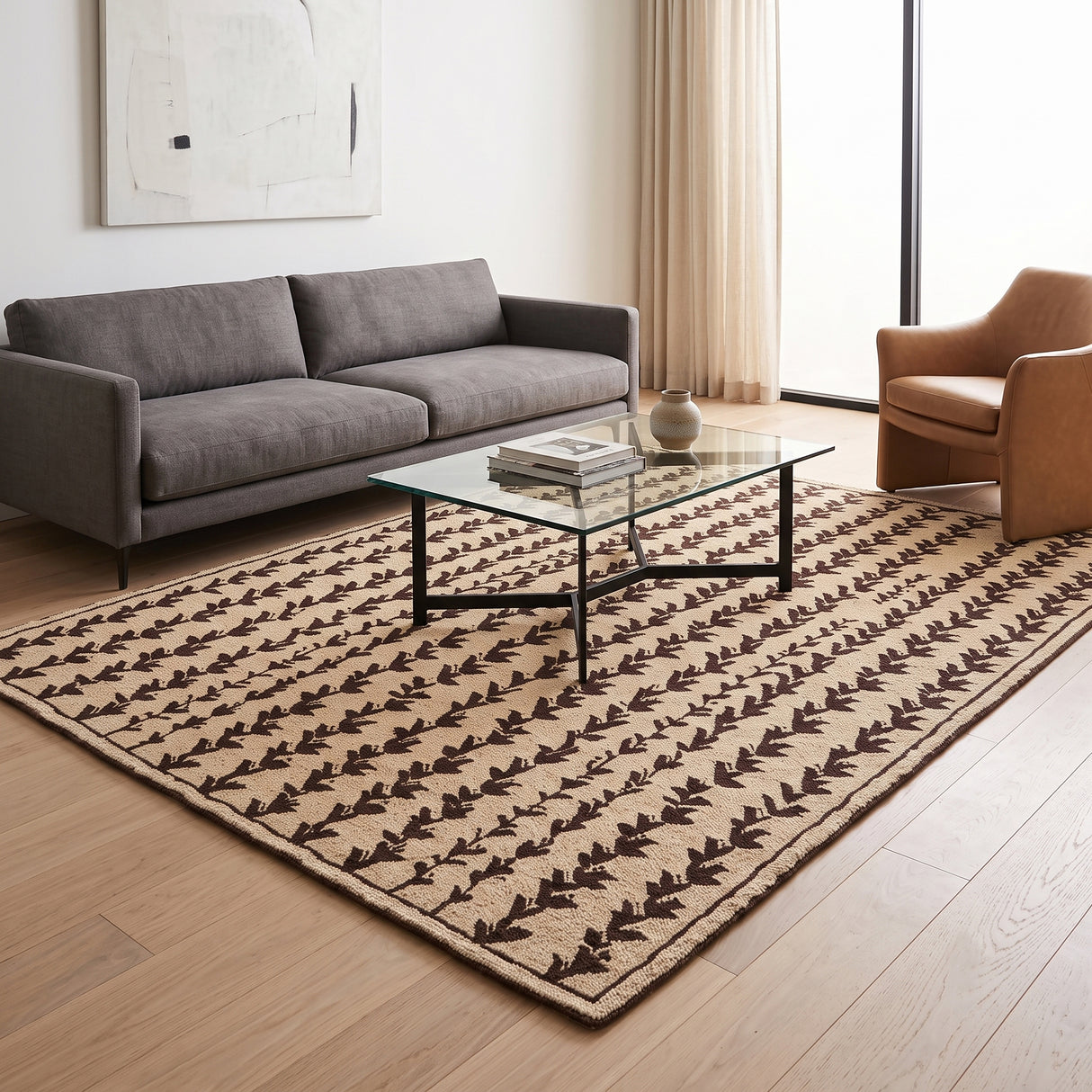 Hand-Tufted Wool Area Rug, Botanical Vine Pattern, Soft Thick Wool Carpet