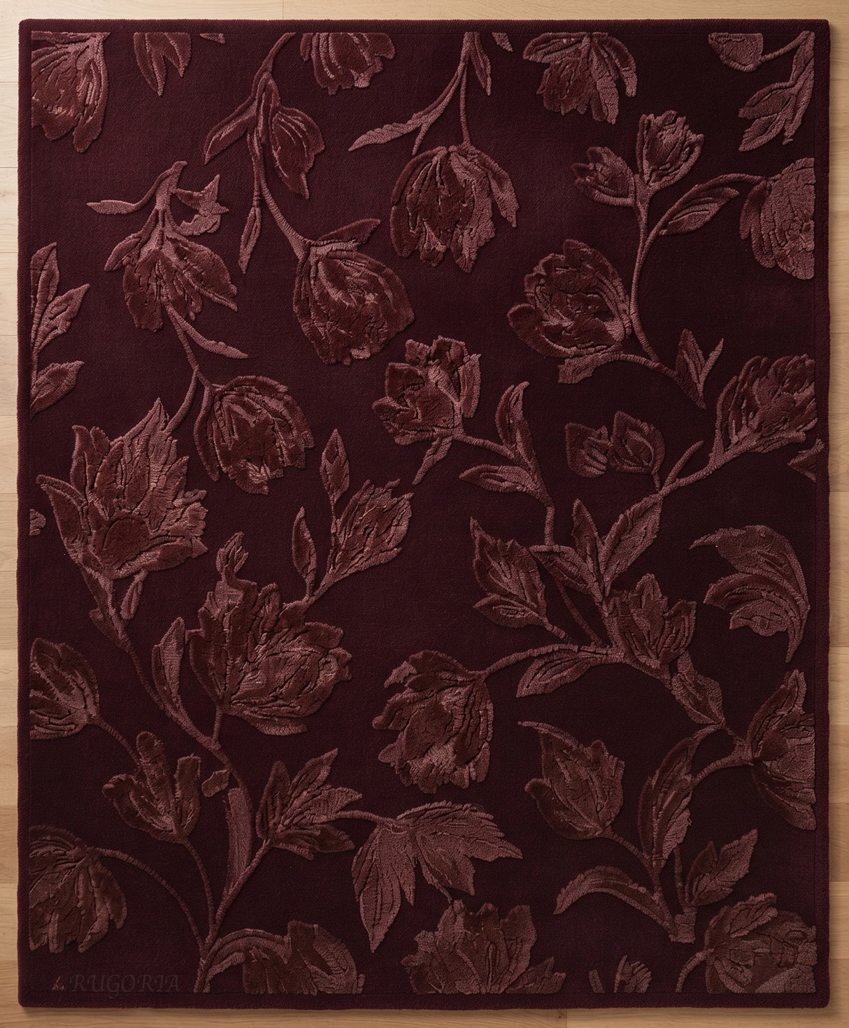 Hand Tufted Floral Wool Area Rug, Raised Botanical Carved Design