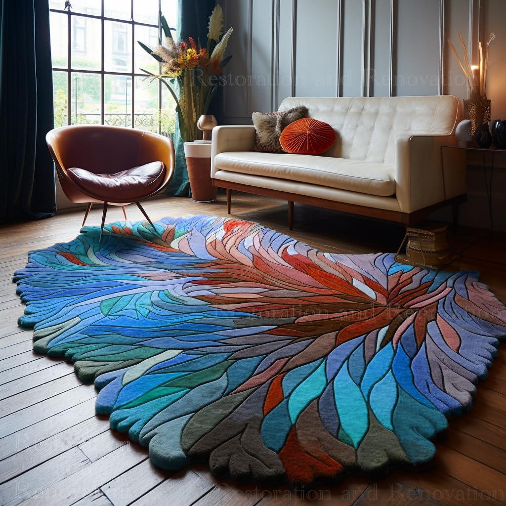 Handmade Irregular Shape Wool Area Rug - Unique Botanical Design Carpet