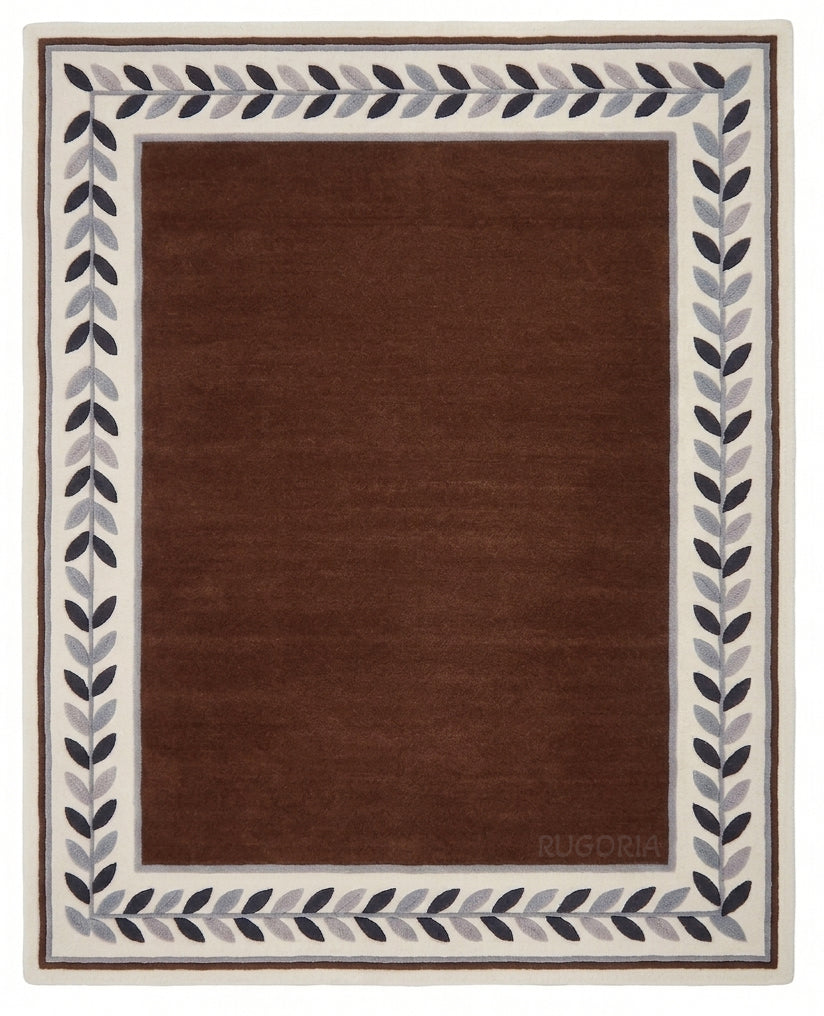 Modern Hand Tufted Wool Rug, Botanical Leaf Border Design