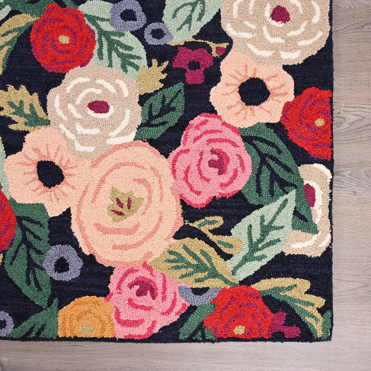 Hand-Tufted Wool Area Rug with Plush Thick Pile and Vibrant Floral Border Design - Decorative Navy Center Carpet for Living Room, Bedroom, or Office Decor