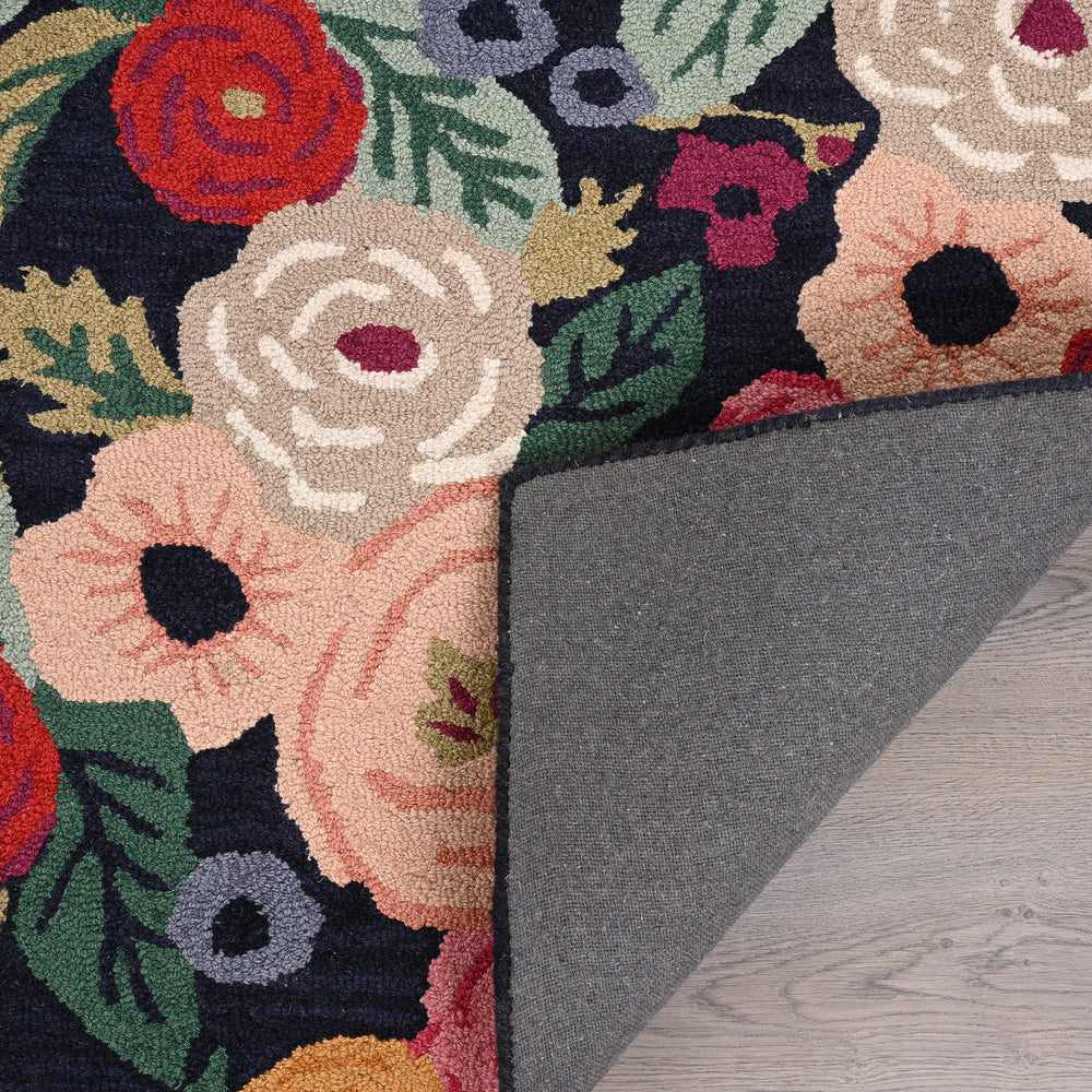 Hand-Tufted Wool Area Rug with Plush Thick Pile and Vibrant Floral Border Design - Decorative Navy Center Carpet for Living Room, Bedroom, or Office Decor