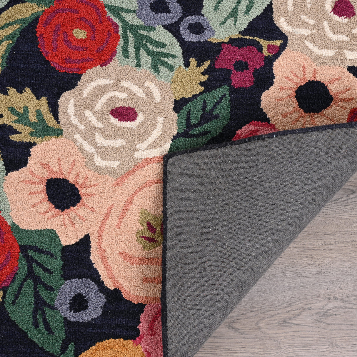 Hand-Tufted Wool Area Rug with Plush Thick Pile and Vibrant Floral Border Design - Decorative Navy Center Carpet for Living Room, Bedroom, or Office Decor