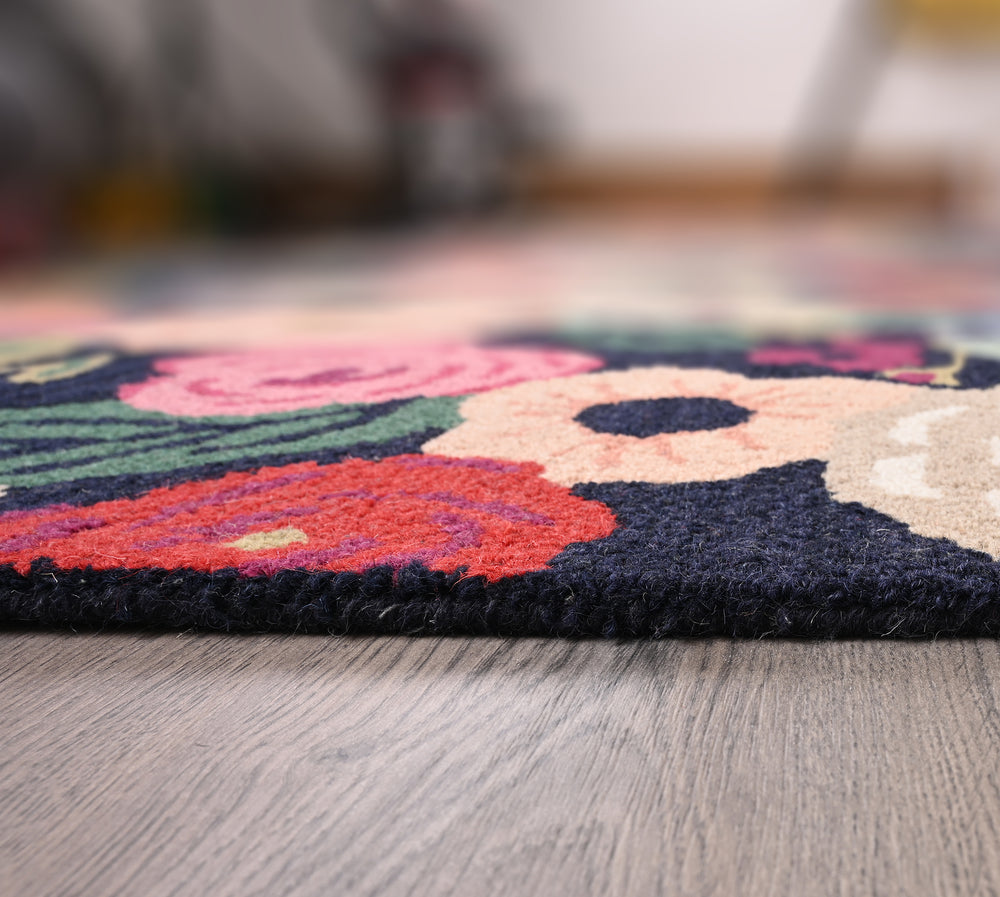 Hand-Tufted Wool Area Rug with Plush Thick Pile and Vibrant Floral Border Design - Decorative Navy Center Carpet for Living Room, Bedroom, or Office Decor