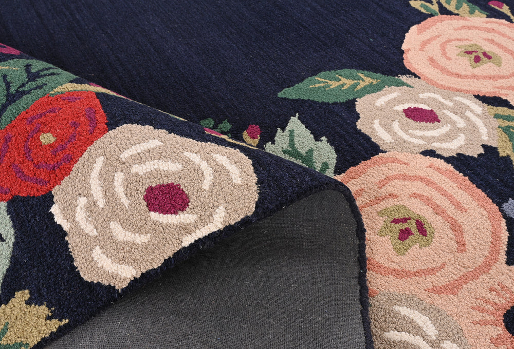 Hand-Tufted Wool Area Rug with Plush Thick Pile and Vibrant Floral Border Design - Decorative Navy Center Carpet for Living Room, Bedroom, or Office Decor