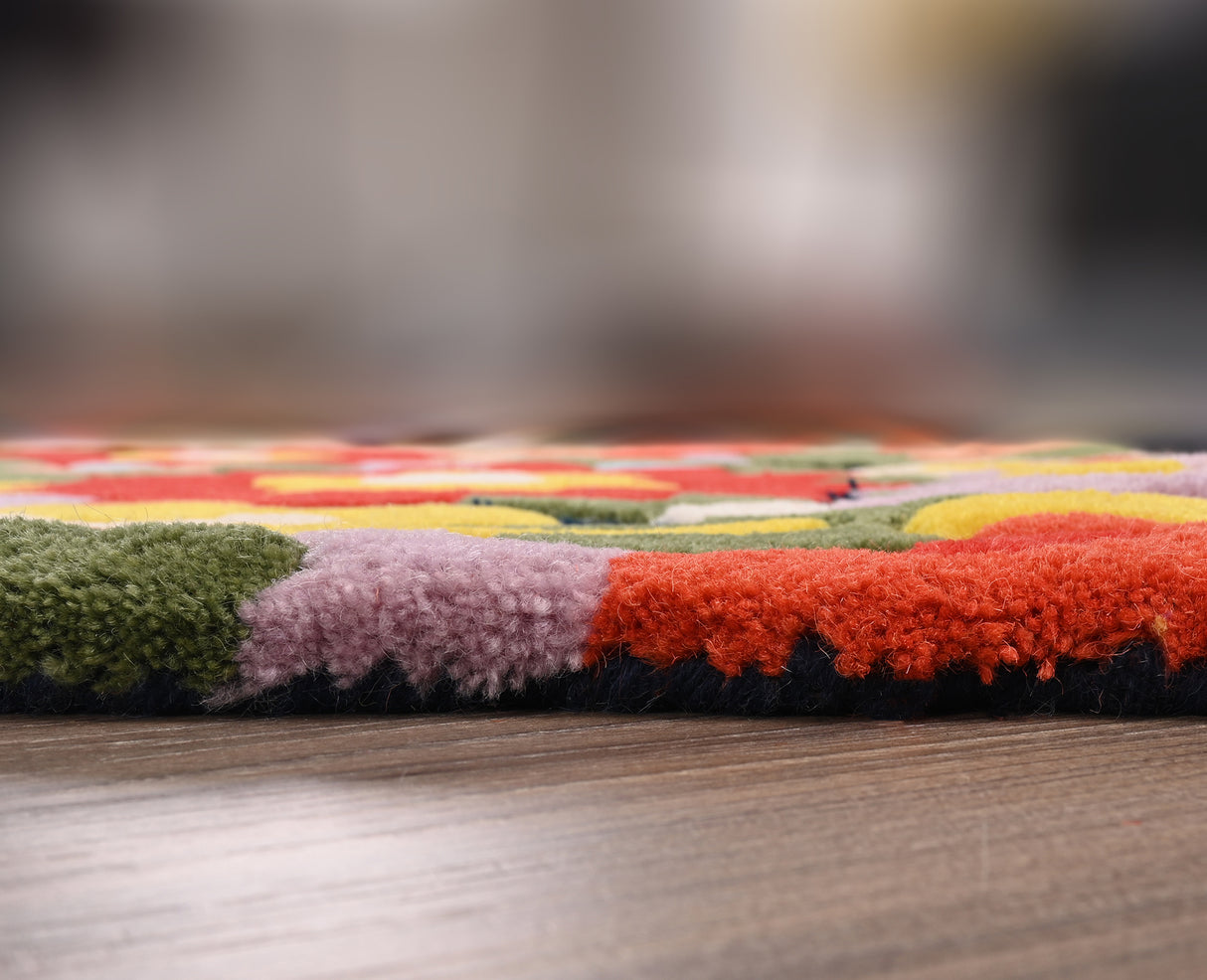 Handmade Colorful Floral Wool Area Rug - Blooming Flower Overflow Design - Unique Irregular Shape Rug | Ideal for Home Decor and Living Spaces