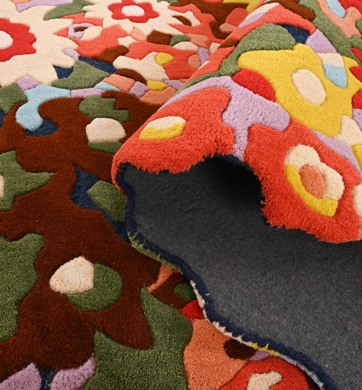 Handmade Colorful Floral Wool Area Rug - Blooming Flower Overflow Design - Unique Irregular Shape Rug | Ideal for Home Decor and Living Spaces