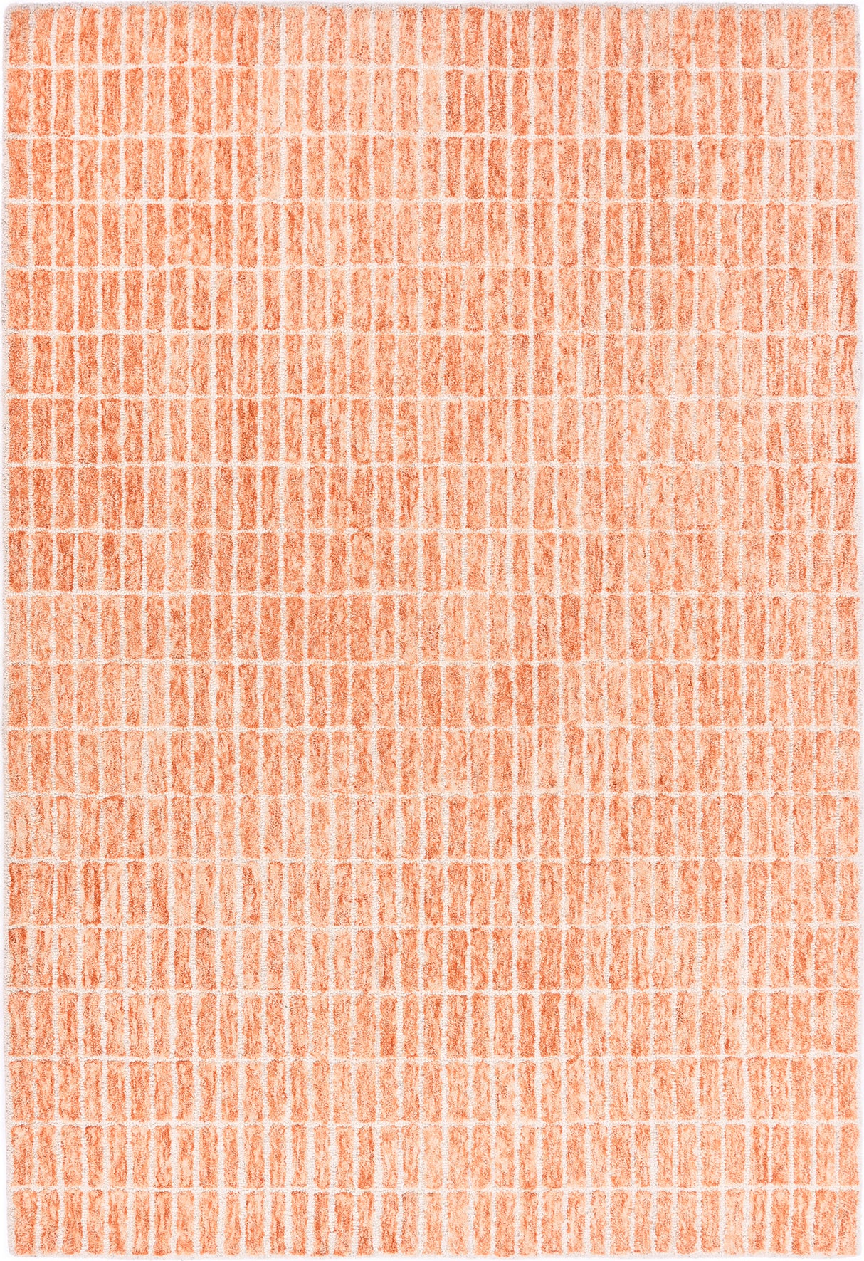 Orange and white woven rug with a textured pattern.