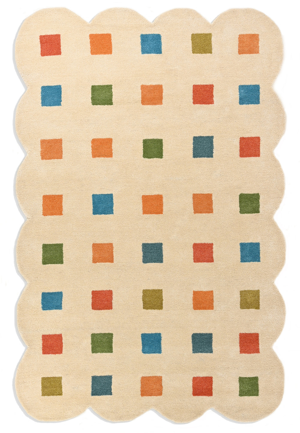 Hand-Tufted 100% Wool Rug – Colorful Squares on Scalloped Cream Base